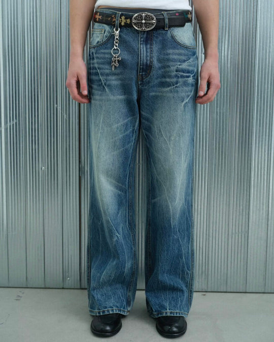 S45 Lightning Crack Wash Distressed Slight Flare Jeans | Face 3 Face
