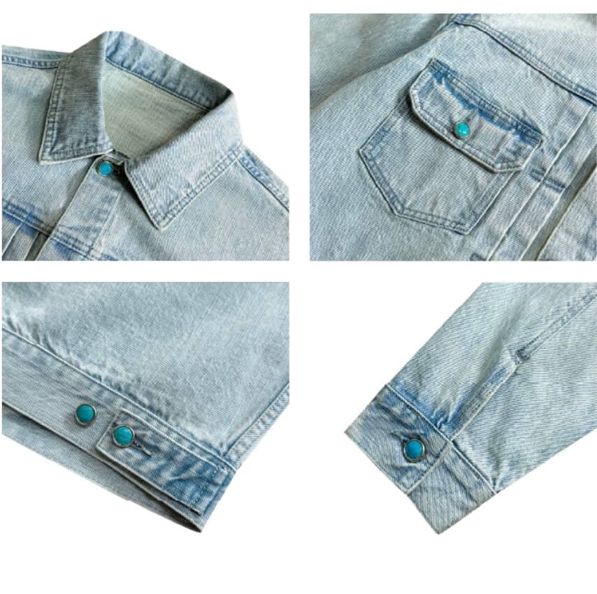 S45 Light Blue Heavy Washed Turquoise Button Denim Jacket | Face 3 Face