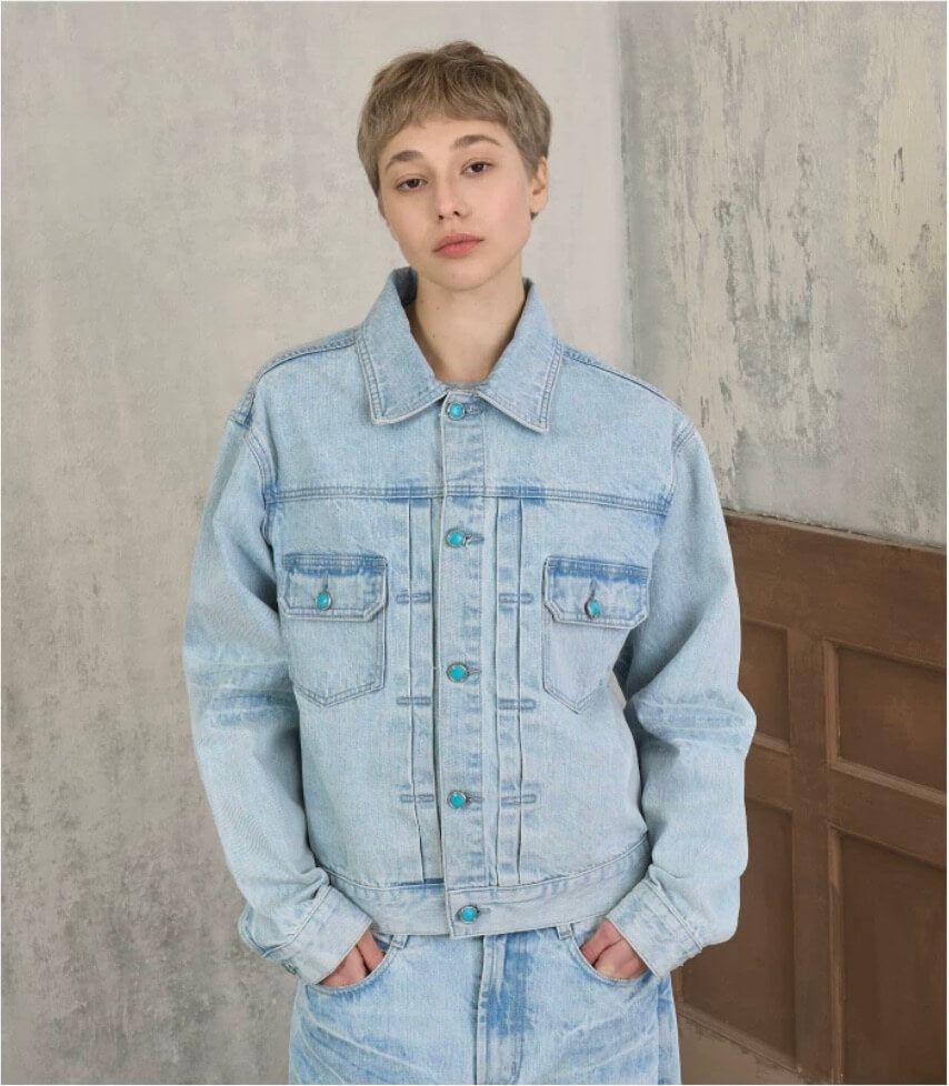 S45 Light Blue Heavy Washed Turquoise Button Denim Jacket | Face 3 Face
