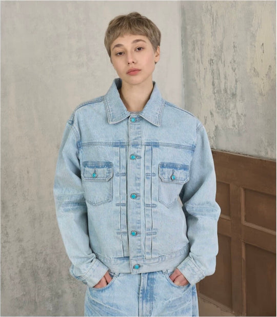 S45 Light Blue Heavy Washed Turquoise Button Denim Jacket | Face 3 Face