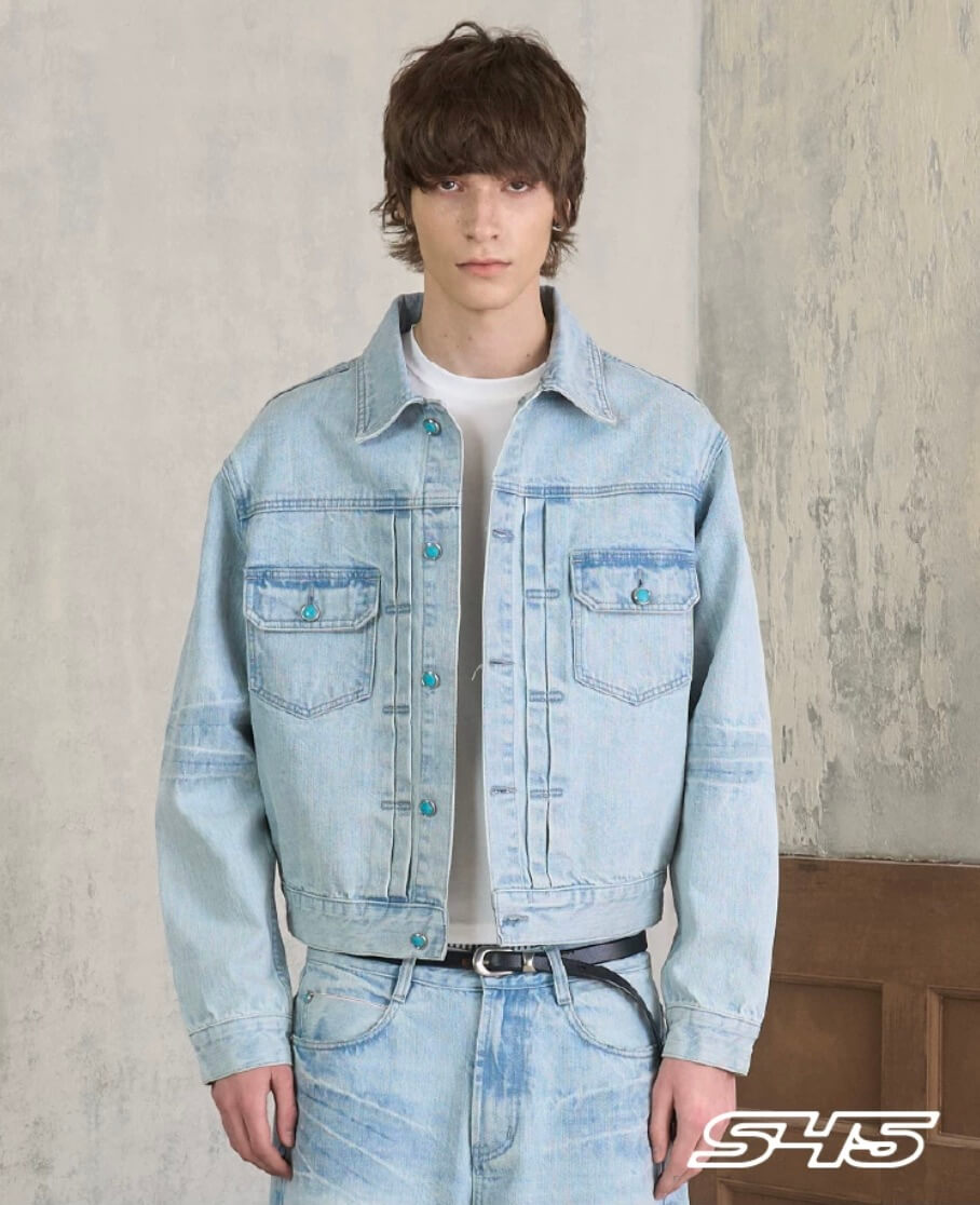 S45 Light Blue Heavy Washed Turquoise Button Denim Jacket | Face 3 Face