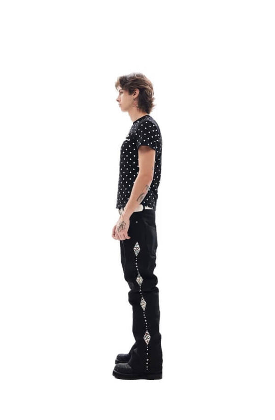 KARMANISTIC Studded Crystal and Leather Side Design Black Jeans | Face 3 Face