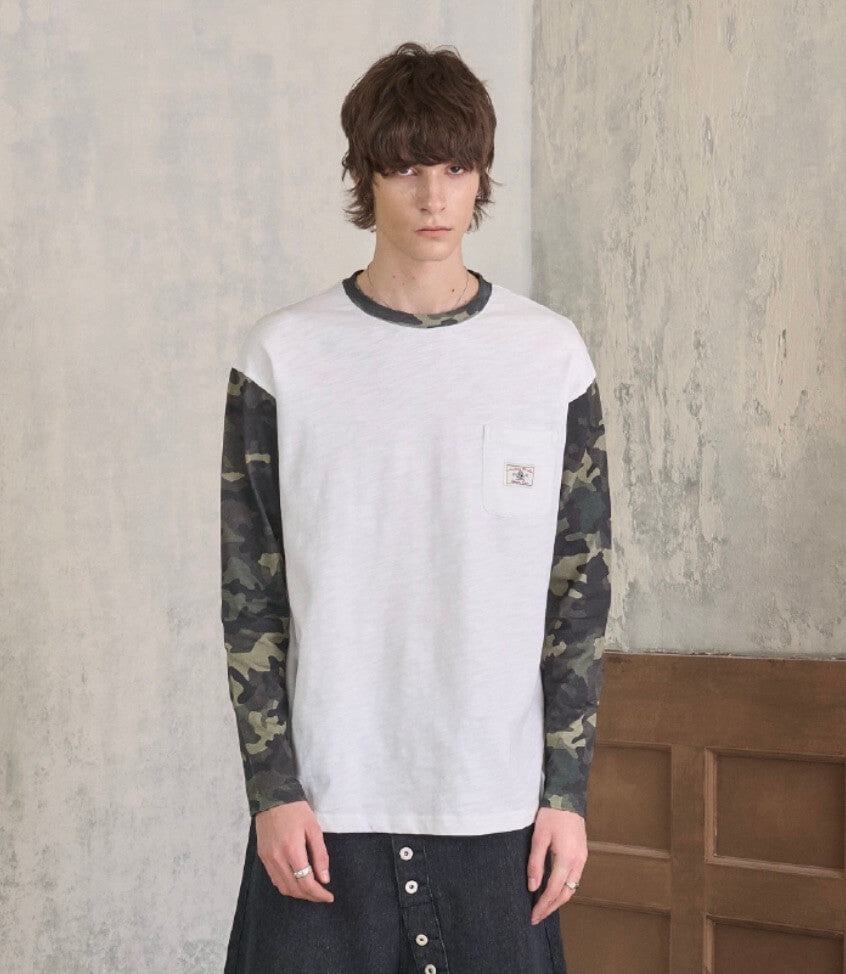 S45 Camouflage Sleeve Color Block Long Sleeve Tee