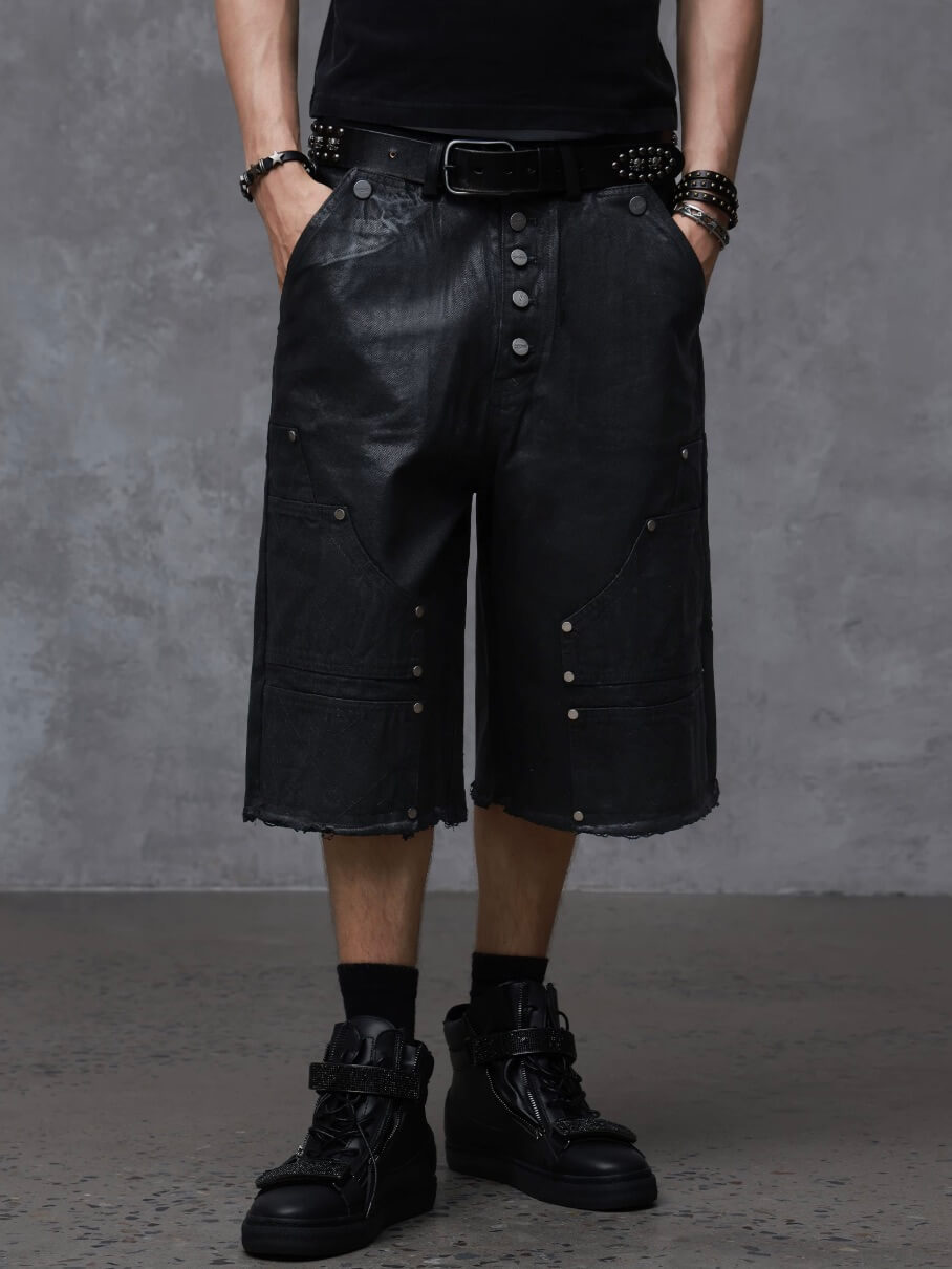 ANTIDOTE Brushed Waxed Studded Double Knee Cutoff Baggy Shorts | Face 3 Face