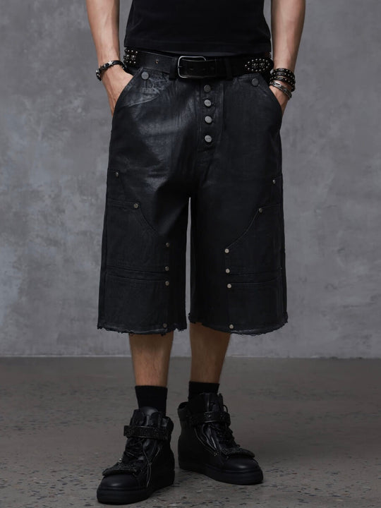 ANTIDOTE Brushed Waxed Studded Double Knee Cutoff Baggy Shorts | Face 3 Face