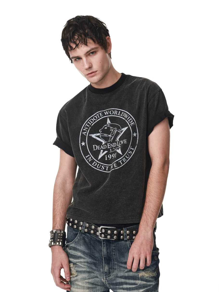 ANTIDOTE DEAD END LOVE Vintage Print Washed Short Sleeve Tee | Face 3 Face