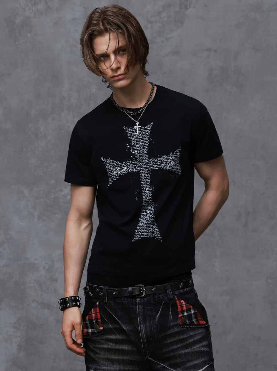 ANTIDOTE Faded Cross and Wings Print Short Sleeve Tee