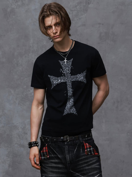 ANTIDOTE Faded Cross and Wings Print Short Sleeve Tee