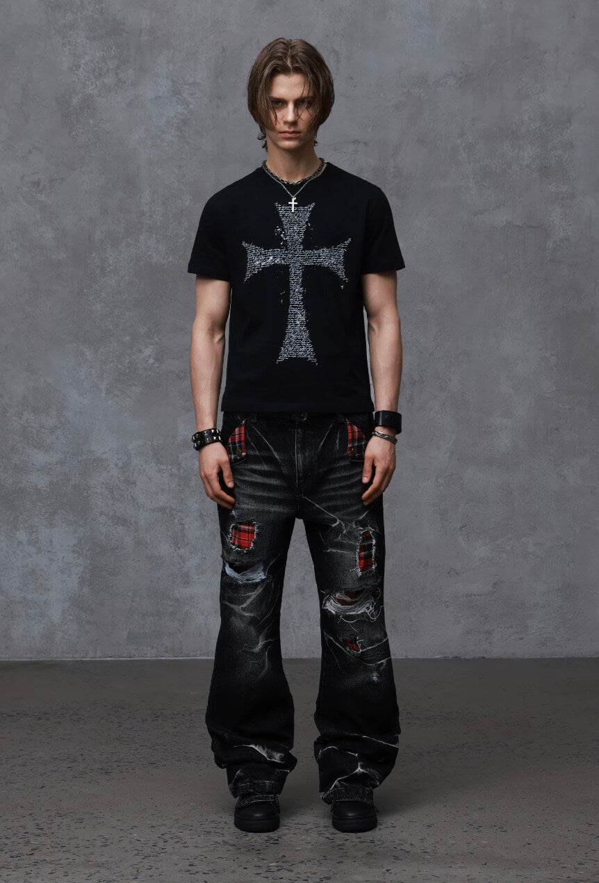 ANTIDOTE Faded Cross and Wings Print Short Sleeve Tee
