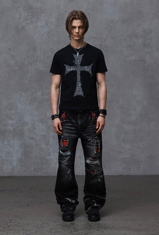 ANTIDOTE Faded Cross and Wings Print Short Sleeve Tee
