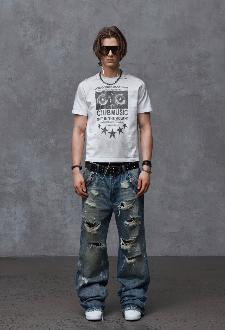 ANTIDOTE Audio Amplifier Graphic Print Distressed Short Sleeve Tee
