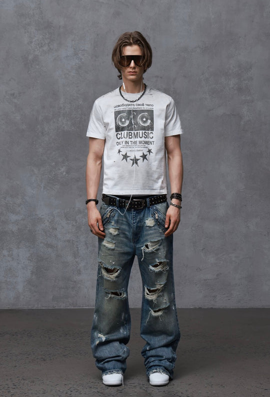 ANTIDOTE Audio Amplifier Graphic Print Distressed Short Sleeve Tee