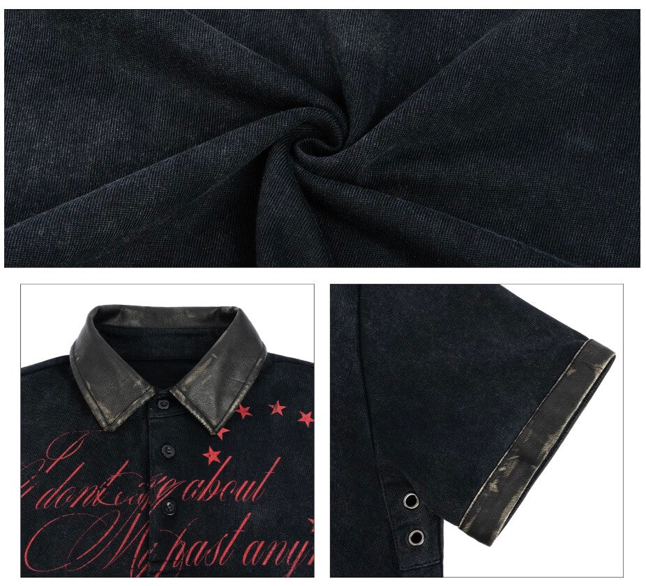 ANTIDOTE Washed Leather Collar Short Sleeve Polo