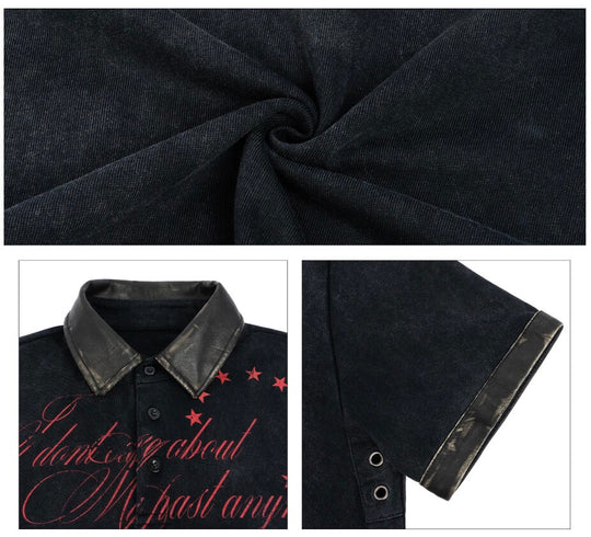 ANTIDOTE Washed Leather Collar Short Sleeve Polo