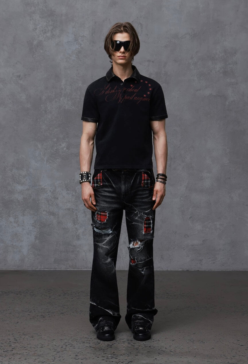 ANTIDOTE Washed Leather Collar Short Sleeve Polo