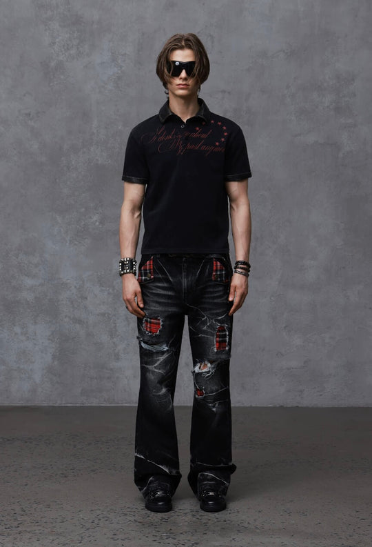 ANTIDOTE Washed Leather Collar Short Sleeve Polo