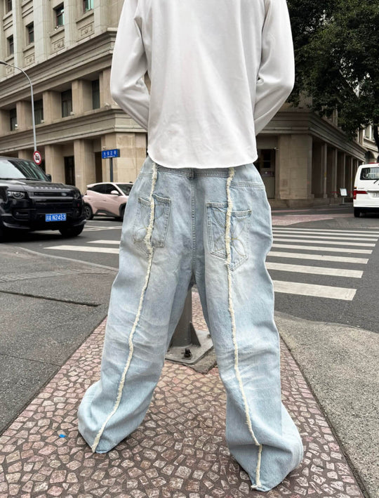STEEPC Ice Blue Washed Frayed Center Seam Baggy Jeans | Face 3 Face