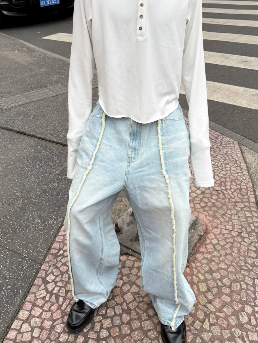 STEEPC Ice Blue Washed Frayed Center Seam Baggy Jeans | Face 3 Face
