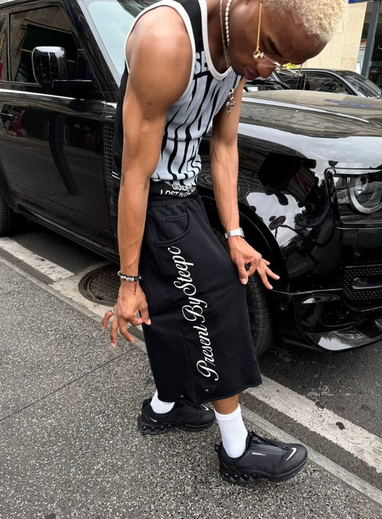 STEEPC Reconstructed Distressed Patchwork Cutoff Baggy Sweat Shorts | Face 3 Face