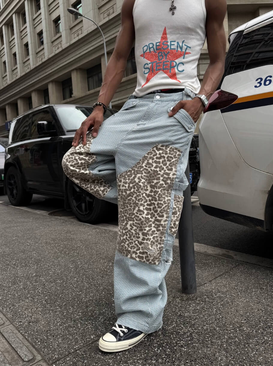 STEEPC Leopard Print Double Knee Hickory Stripe Baggy Pants | Face 3 Face