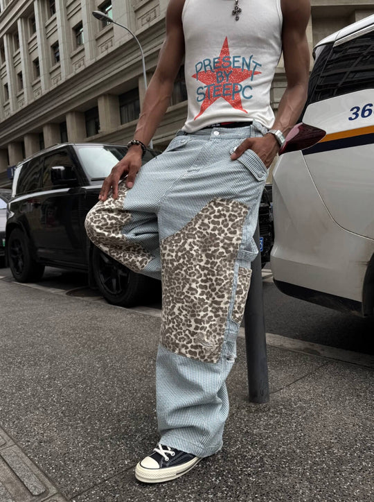 STEEPC Leopard Print Double Knee Hickory Stripe Baggy Pants | Face 3 Face