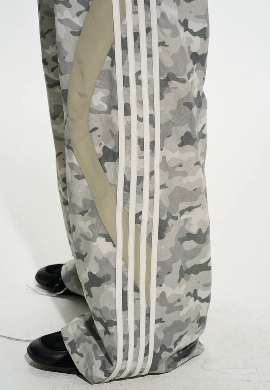 EXITMODE BY BLIND NO PLAN Double Waist Camouflage Four Stripe Baggy Track Pants | Face 3 Face