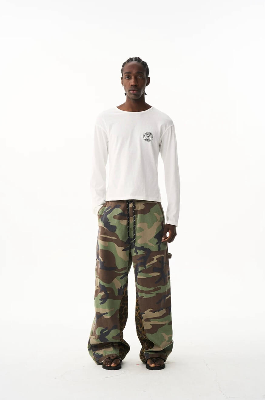 EXITMODE BY BLIND NO PLAN Camo Leopard Color Block Patchwork Baggy Work Pants | Face 3 Face