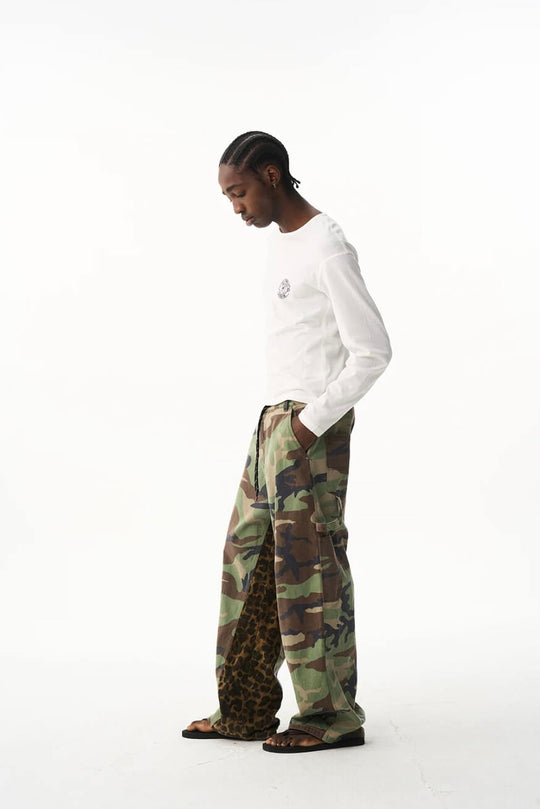 EXITMODE BY BLIND NO PLAN Camo Leopard Color Block Patchwork Baggy Work Pants | Face 3 Face