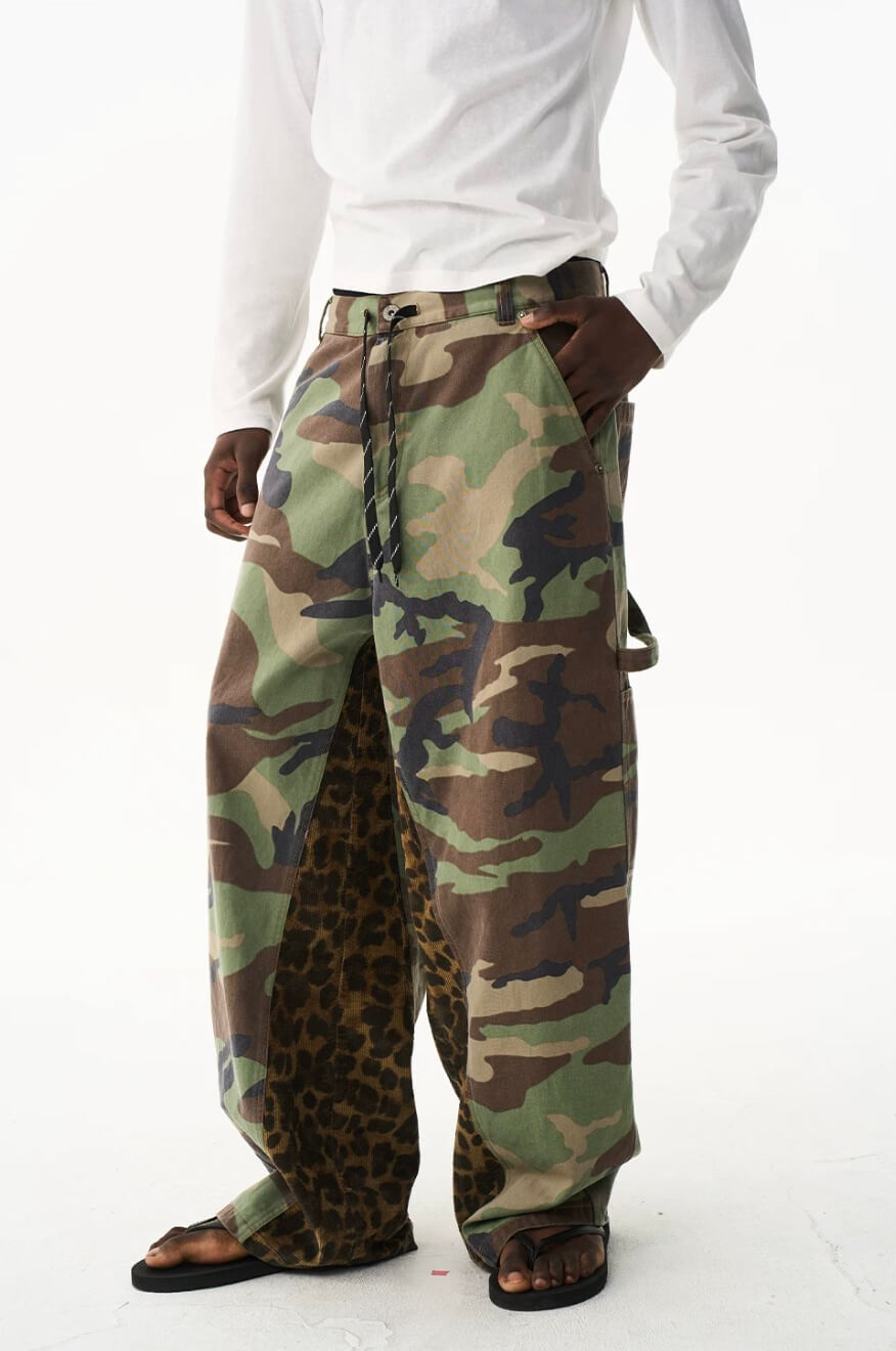 EXITMODE BY BLIND NO PLAN Camo Leopard Color Block Patchwork Baggy Work Pants | Face 3 Face