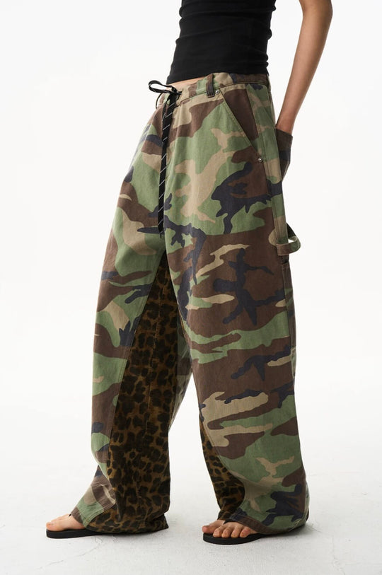 EXITMODE BY BLIND NO PLAN Camo Leopard Color Block Patchwork Baggy Work Pants | Face 3 Face