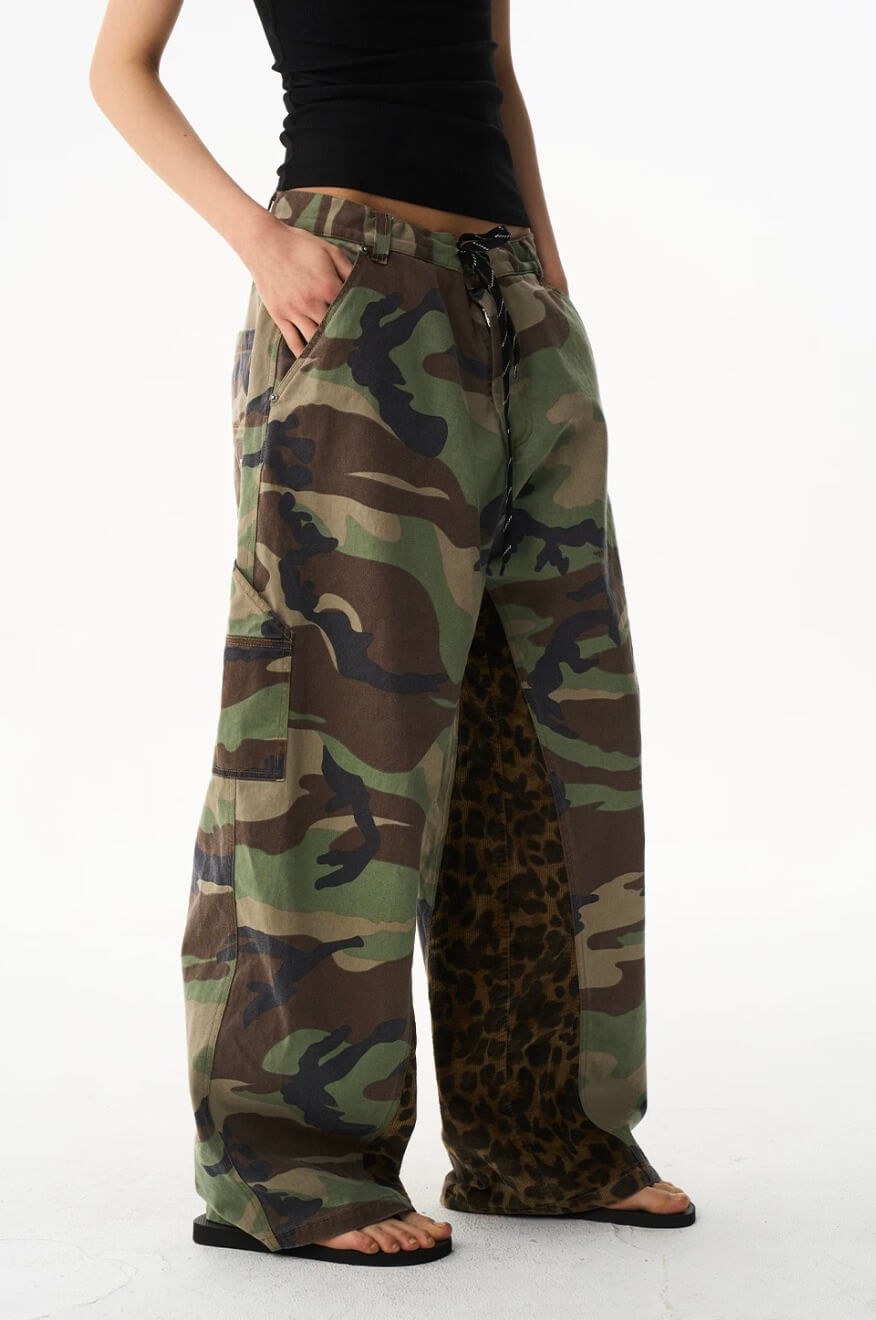 EXITMODE BY BLIND NO PLAN Camo Leopard Color Block Patchwork Baggy Work Pants | Face 3 Face