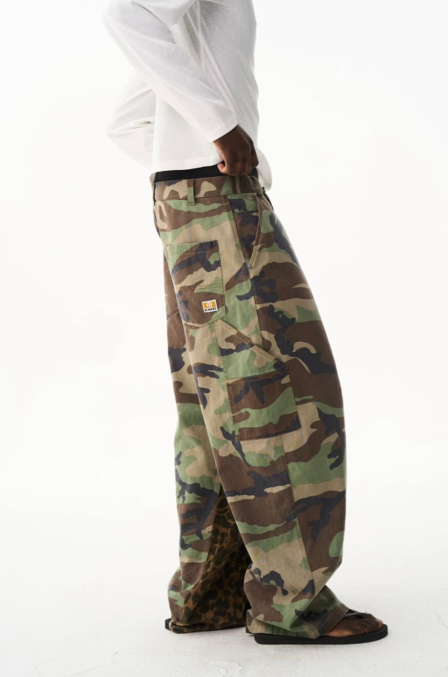 EXITMODE BY BLIND NO PLAN Camo Leopard Color Block Patchwork Baggy Work Pants | Face 3 Face