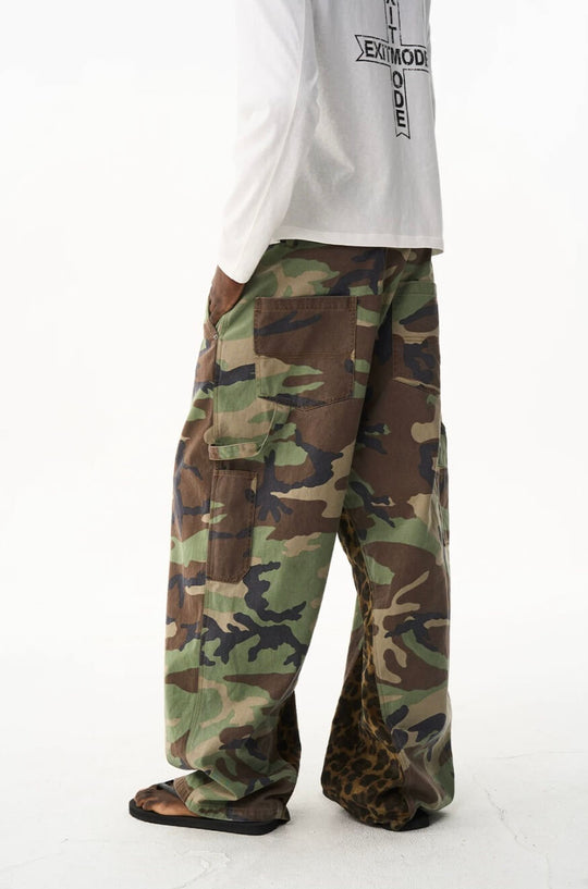 EXITMODE BY BLIND NO PLAN Camo Leopard Color Block Patchwork Baggy Work Pants | Face 3 Face