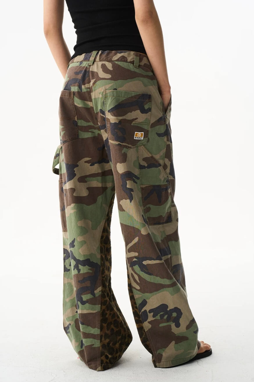 EXITMODE BY BLIND NO PLAN Camo Leopard Color Block Patchwork Baggy Work Pants | Face 3 Face