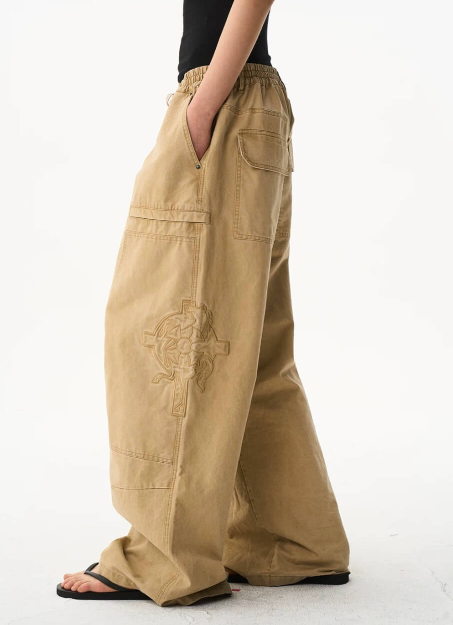 EXITMODE BY BLIND NO PLAN Horse Embroidered Washed Double Knee Baggy Pants | Face 3 Face