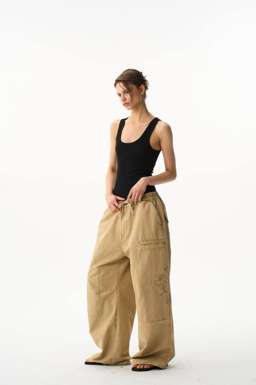EXITMODE BY BLIND NO PLAN Horse Embroidered Washed Double Knee Baggy Pants | Face 3 Face