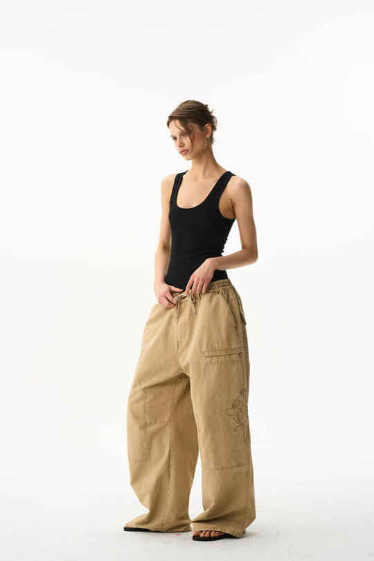 EXITMODE BY BLIND NO PLAN Horse Embroidered Washed Double Knee Baggy Pants | Face 3 Face