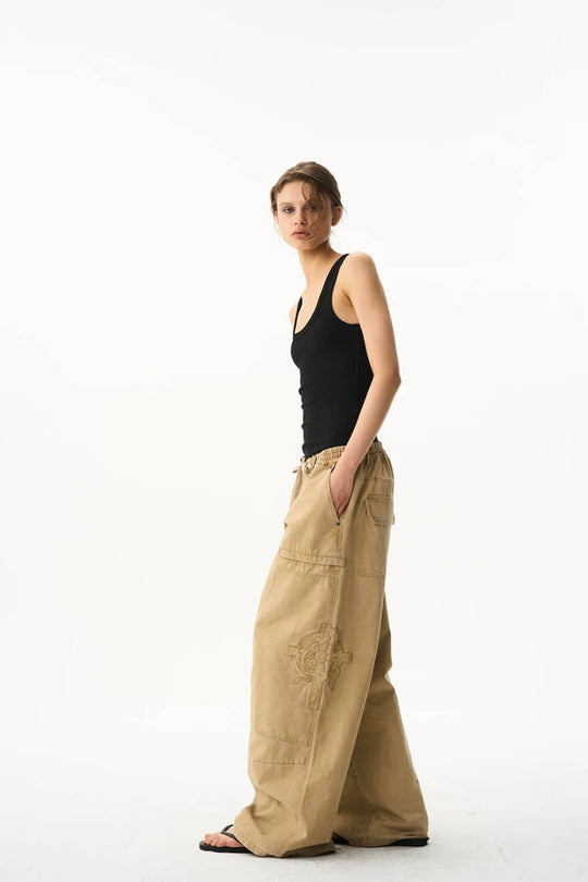 EXITMODE BY BLIND NO PLAN Horse Embroidered Washed Double Knee Baggy Pants | Face 3 Face
