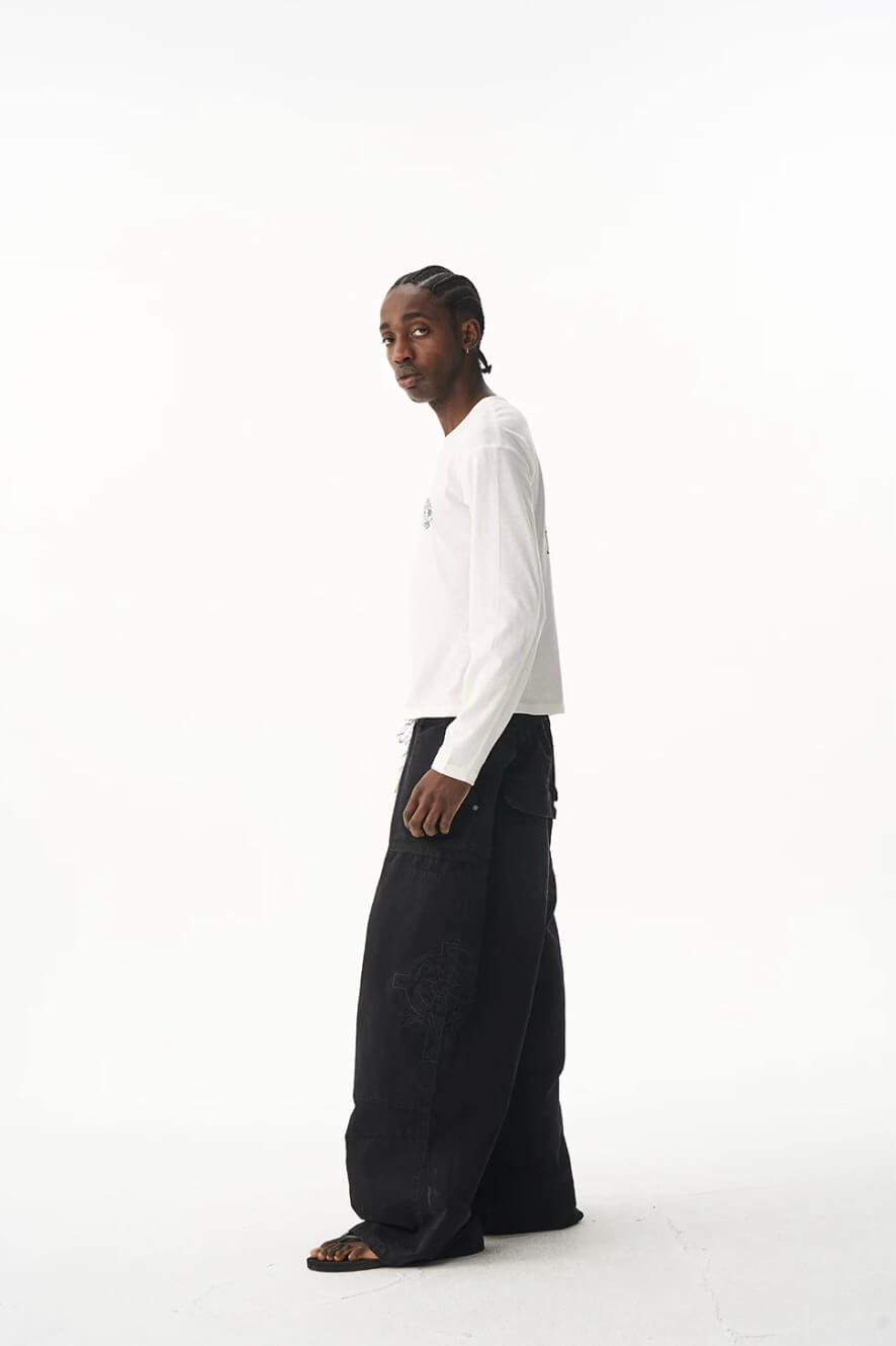 EXITMODE BY BLIND NO PLAN Horse Embroidered Washed Double Knee Baggy Pants | Face 3 Face