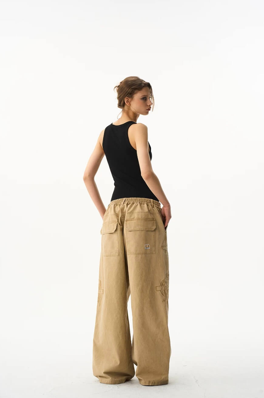 EXITMODE BY BLIND NO PLAN Horse Embroidered Washed Double Knee Baggy Pants | Face 3 Face