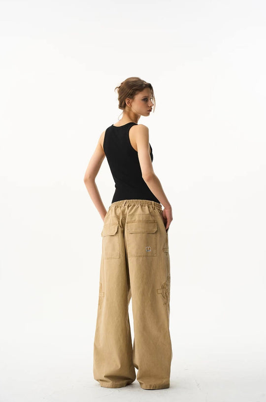 EXITMODE BY BLIND NO PLAN Horse Embroidered Washed Double Knee Baggy Pants | Face 3 Face