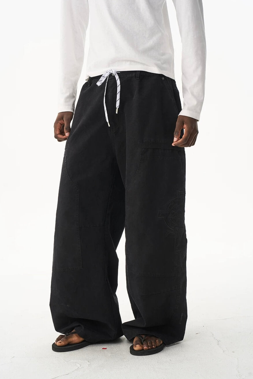 EXITMODE BY BLIND NO PLAN Horse Embroidered Washed Double Knee Baggy Pants | Face 3 Face