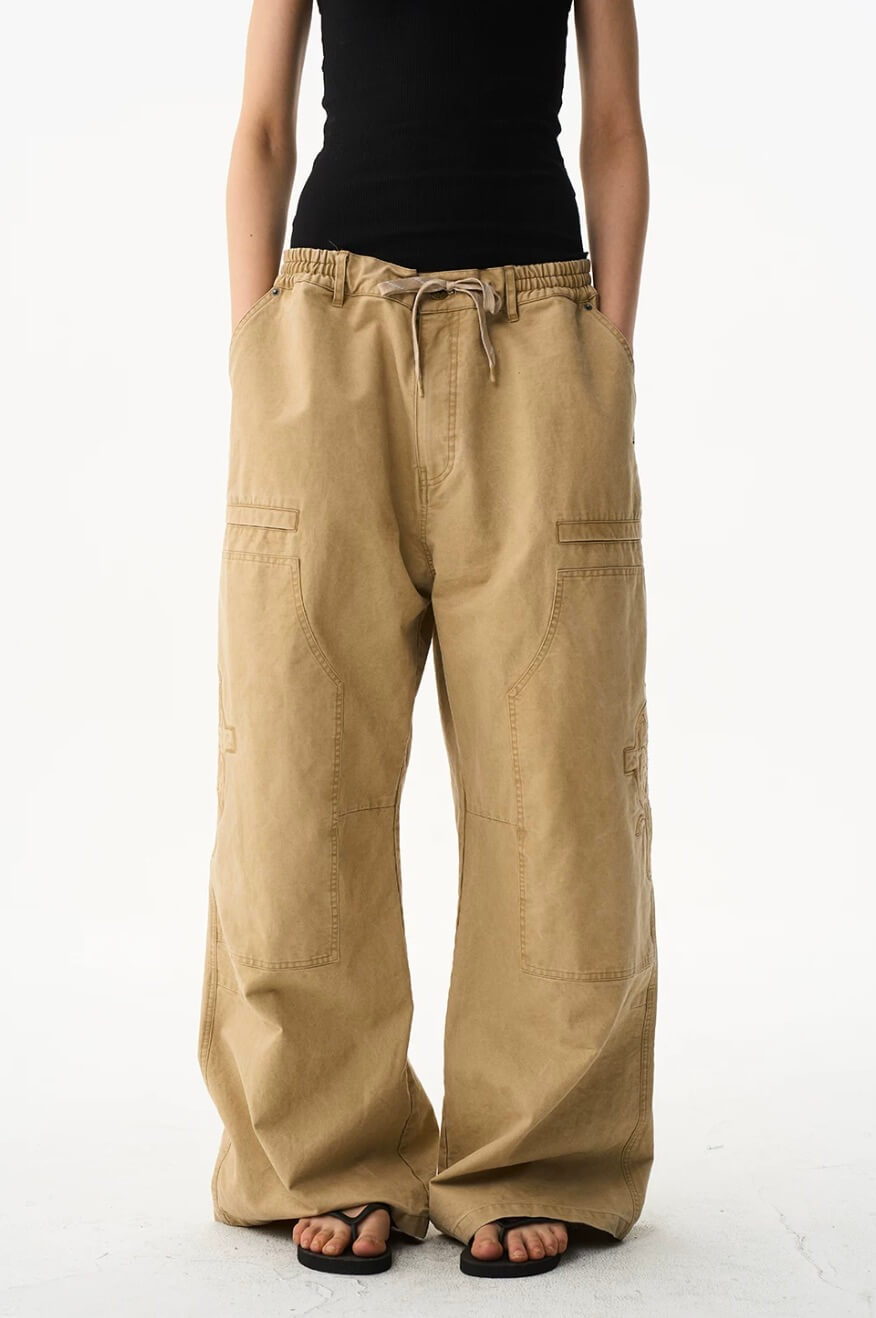 EXITMODE BY BLIND NO PLAN Horse Embroidered Washed Double Knee Baggy Pants | Face 3 Face