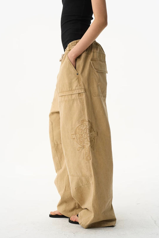 EXITMODE BY BLIND NO PLAN Horse Embroidered Washed Double Knee Baggy Pants | Face 3 Face