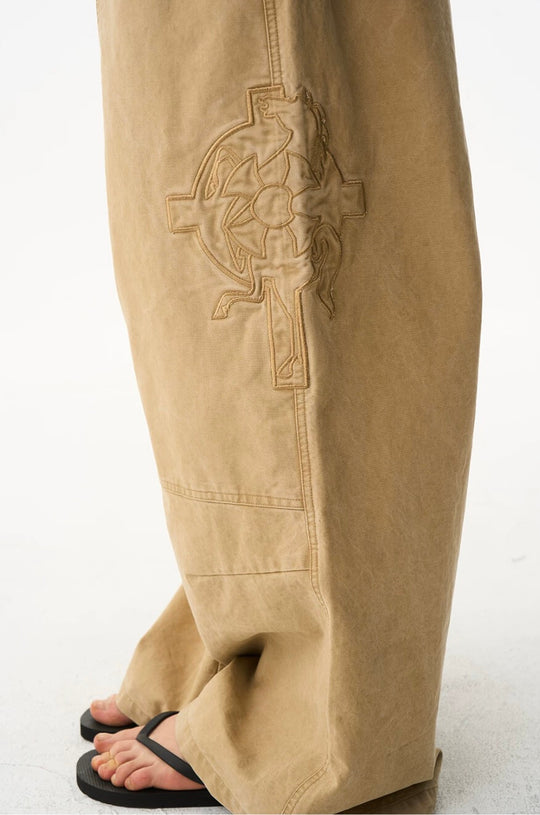 EXITMODE BY BLIND NO PLAN Horse Embroidered Washed Double Knee Baggy Pants | Face 3 Face