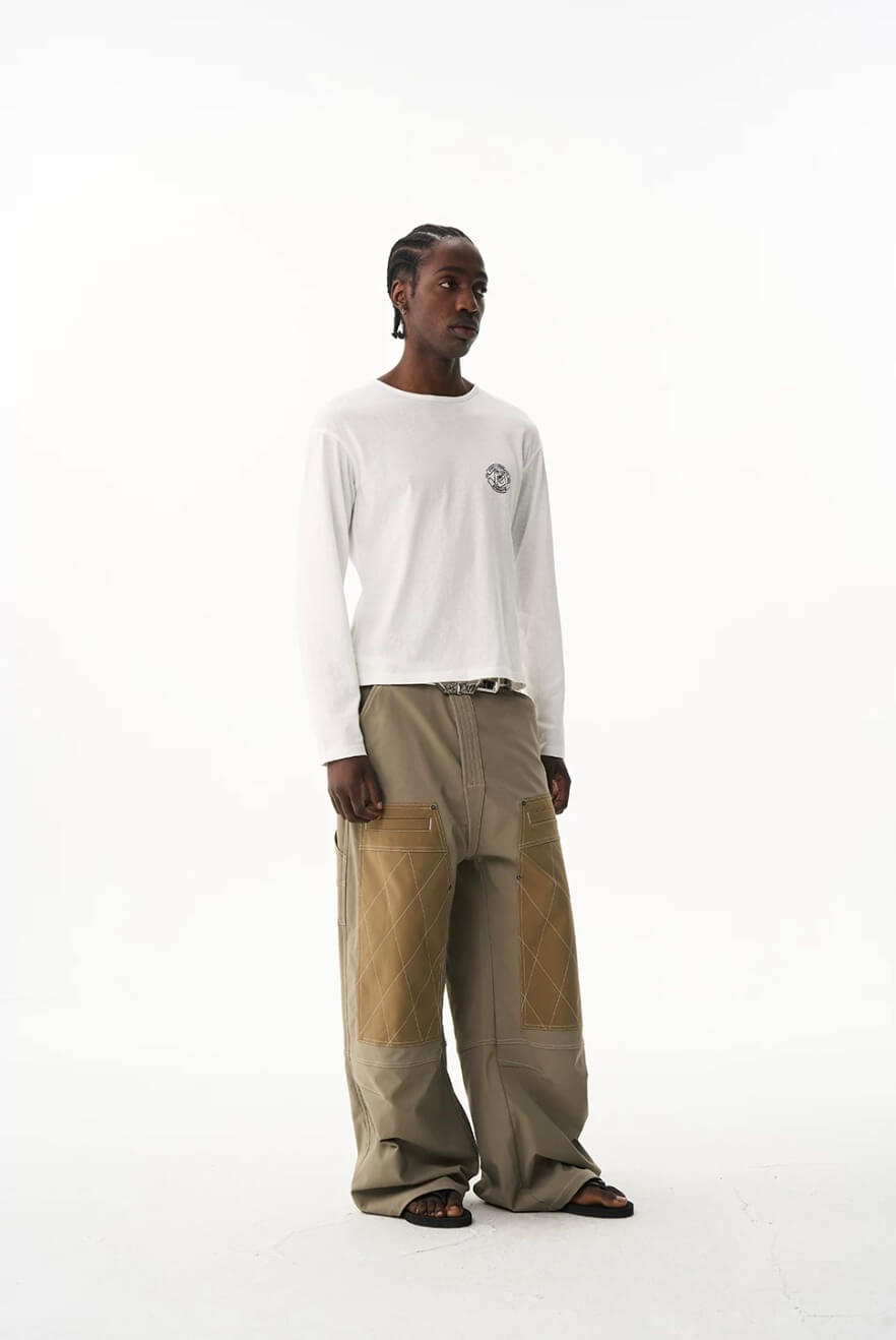 EXITMODE BY BLIND NO PLAN Contrast Quilted Stitch Double Knee Baggy Pants | Face 3 Face