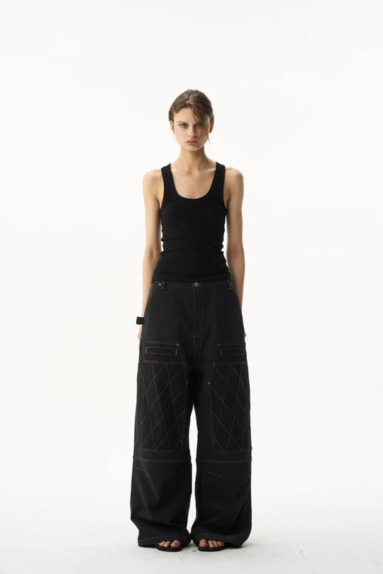 EXITMODE BY BLIND NO PLAN Contrast Quilted Stitch Double Knee Baggy Pants | Face 3 Face