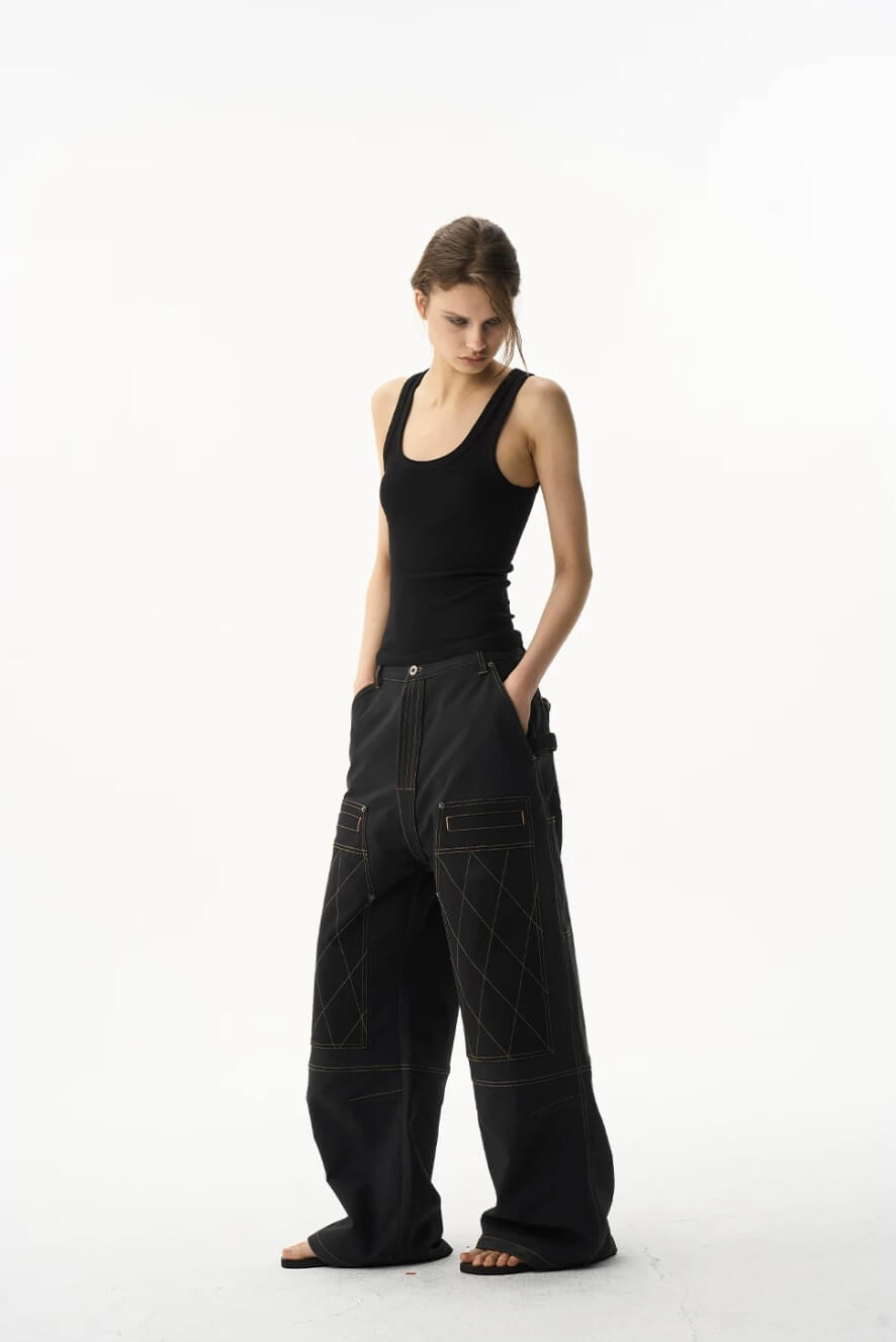 EXITMODE BY BLIND NO PLAN Contrast Quilted Stitch Double Knee Baggy Pants | Face 3 Face