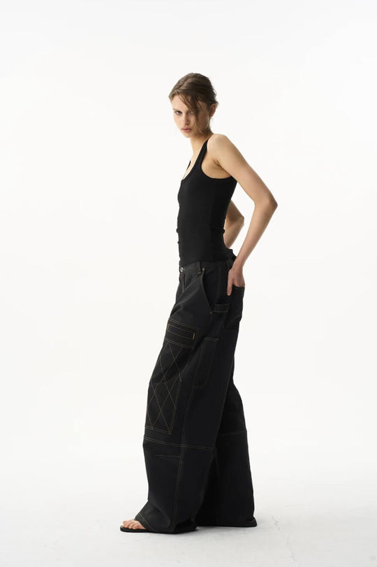 EXITMODE BY BLIND NO PLAN Contrast Quilted Stitch Double Knee Baggy Pants | Face 3 Face