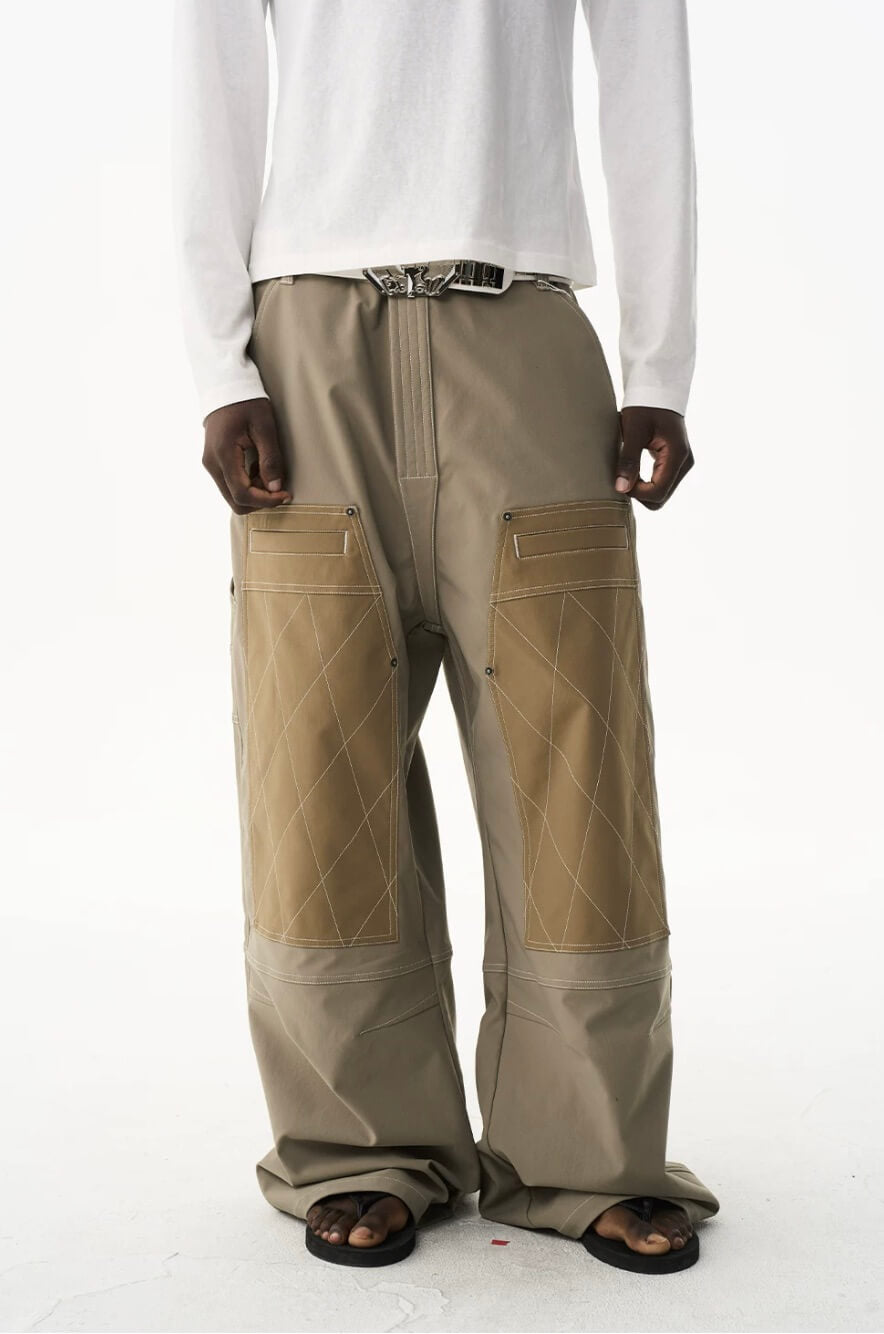 EXITMODE BY BLIND NO PLAN Contrast Quilted Stitch Double Knee Baggy Pants | Face 3 Face